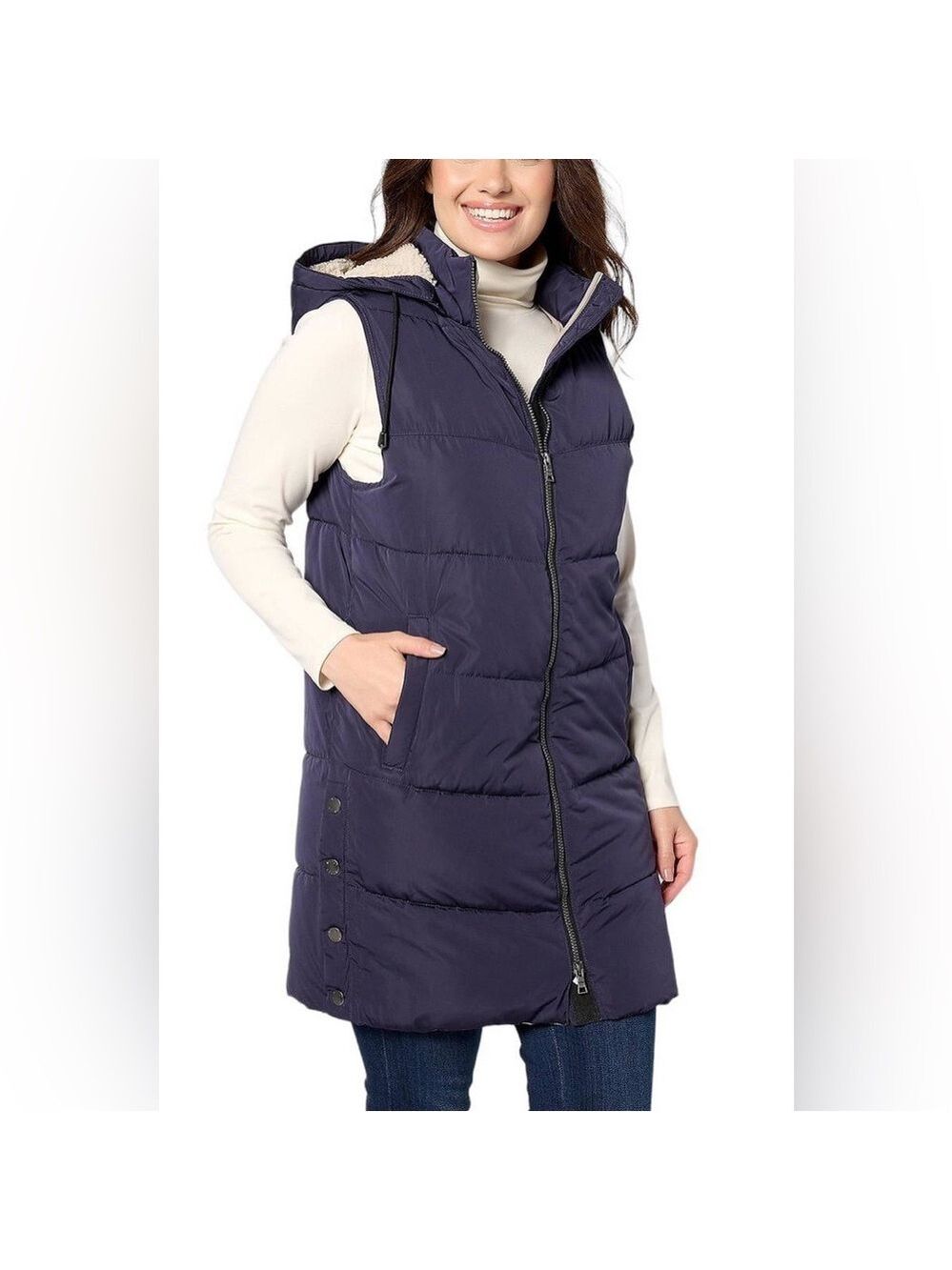 Nuage Women's Chevron Quilted Long Vest w/Detachable Hood Night Sky - size small
